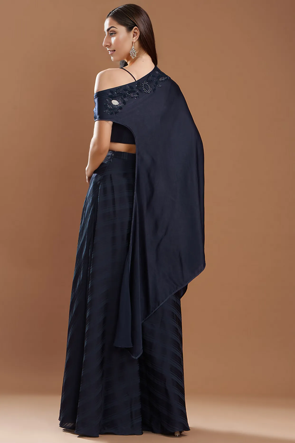 Dark Blue Silk Satin Embroidered Off-Shoulder Cape Set