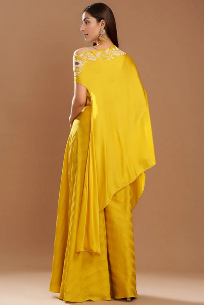 Yellow Silk Satin Embroidered Off-Shoulder Cape Set