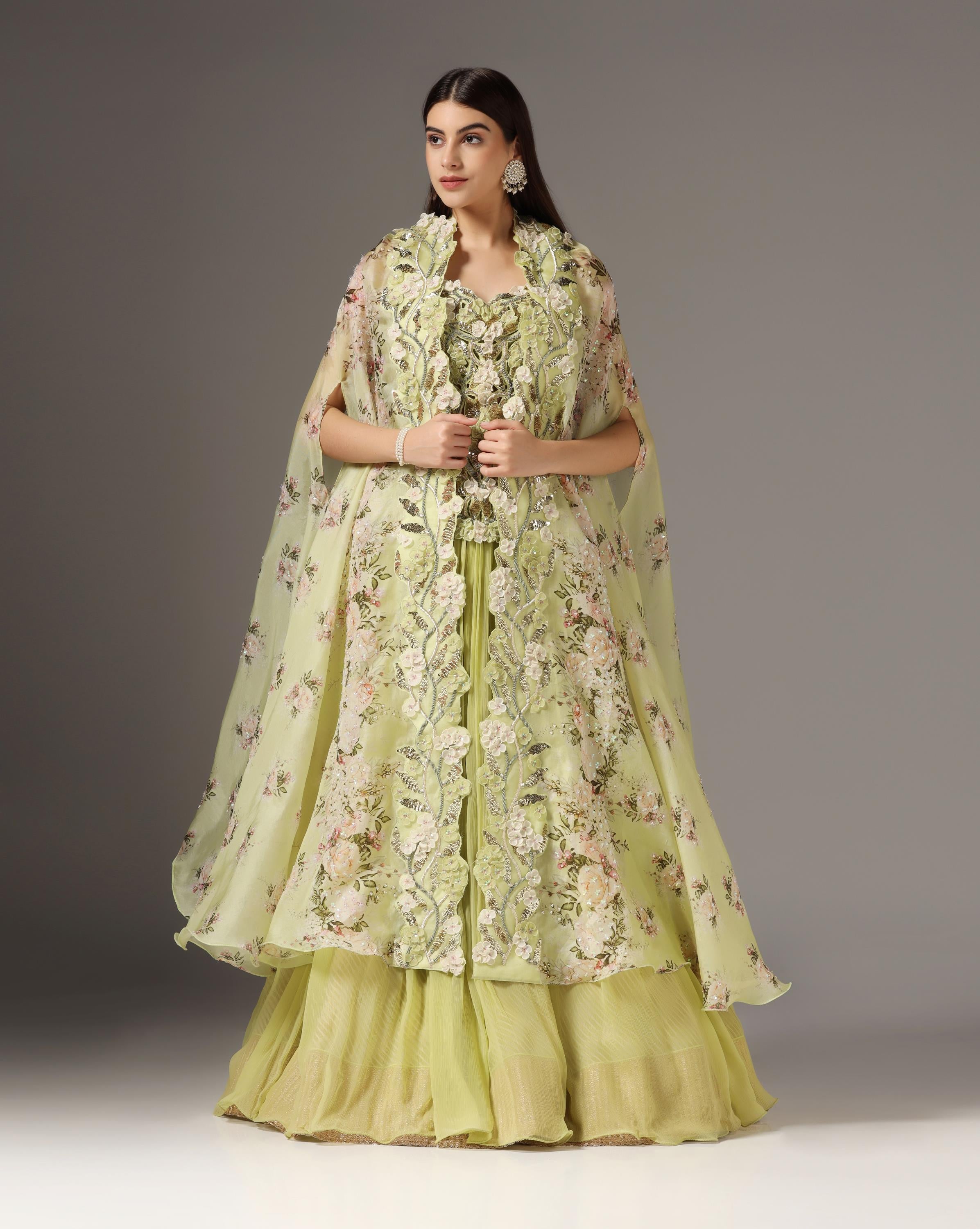 Buy Green Organza Embroidered Zardozi Round Jacket Lehenga Set For Women by  Samyukta Singhania Online at Aza Fashions.