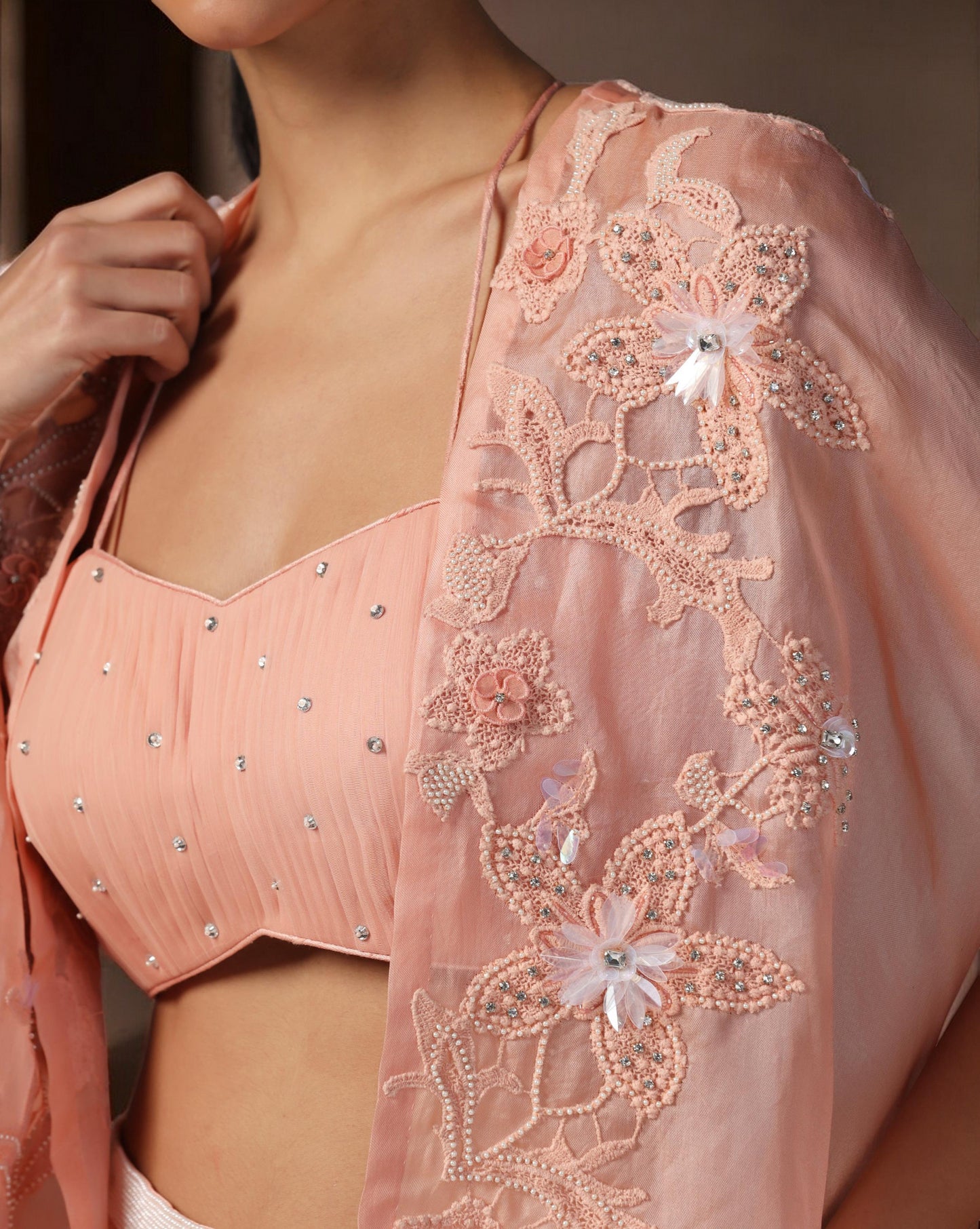 Peach Embroidered Cape Set