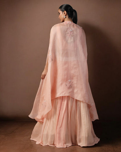 Peach Embroidered Cape Set