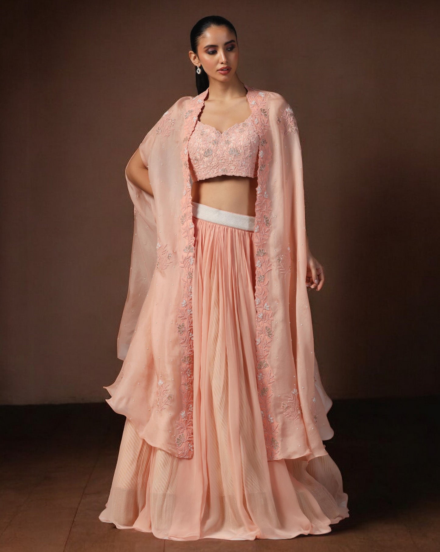 Peach Embroidered Cape Set