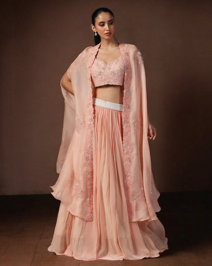 Peach Embroidered Cape Set