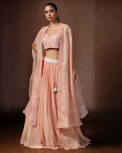 Peach Embroidered Cape Set