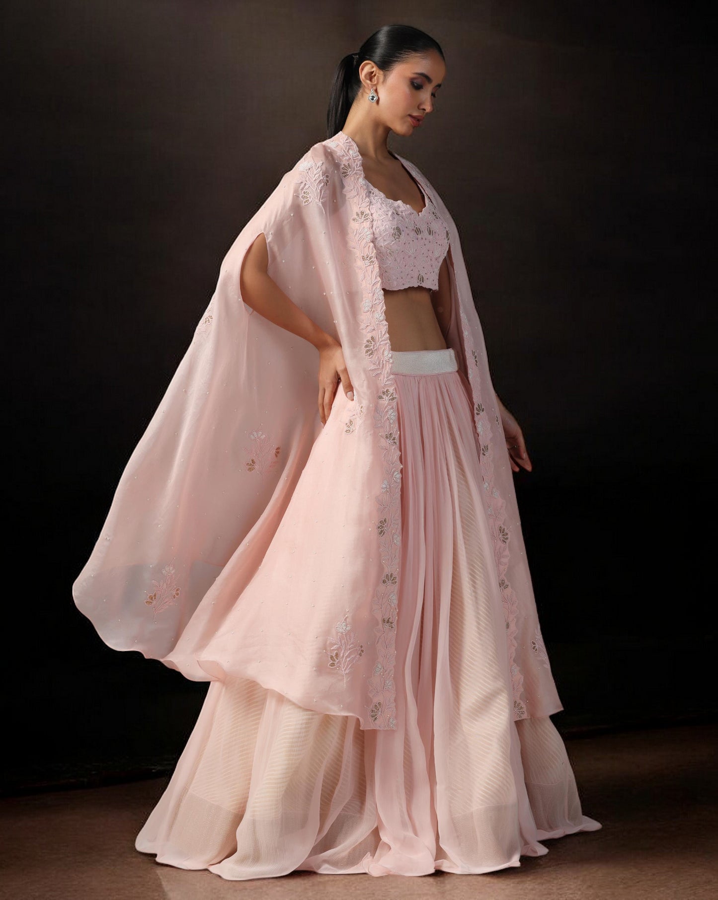 Dull Pink Embroidered Cape Set