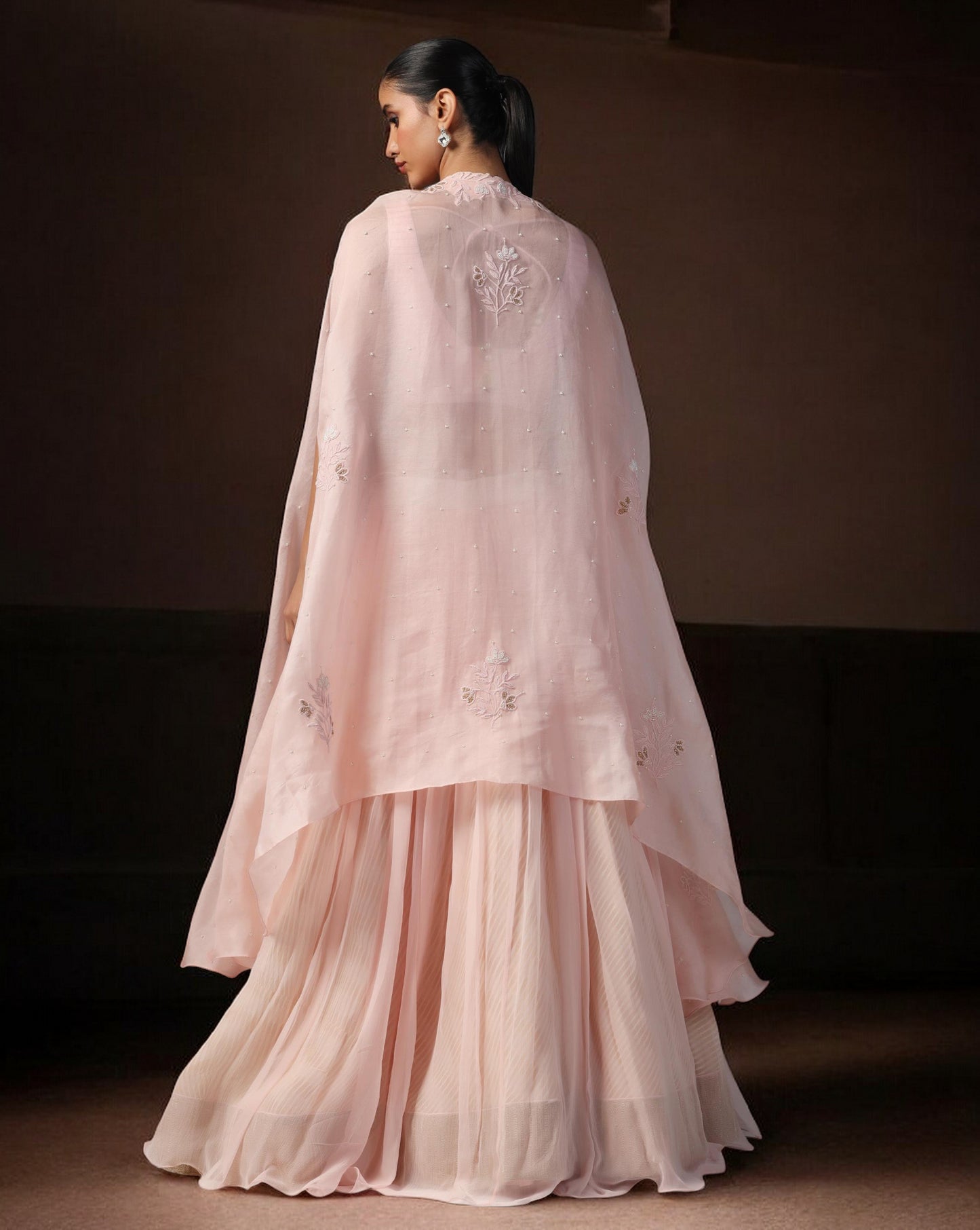 Dull Pink Embroidered Cape Set