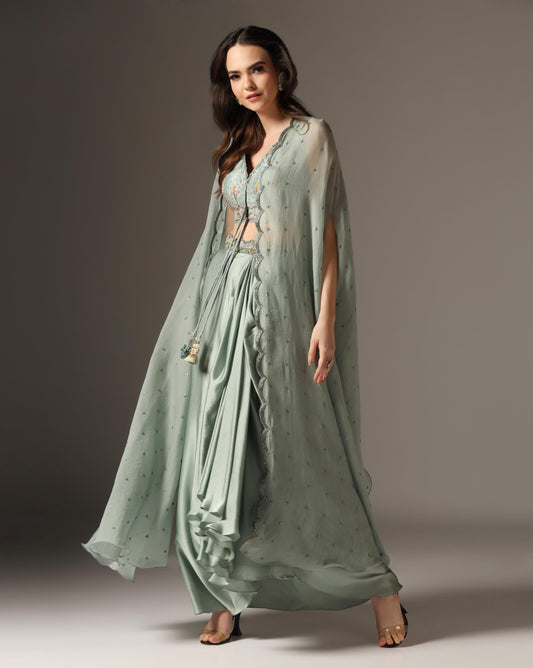 Dull Green Organza & Raw Silk Draped Skirt Set