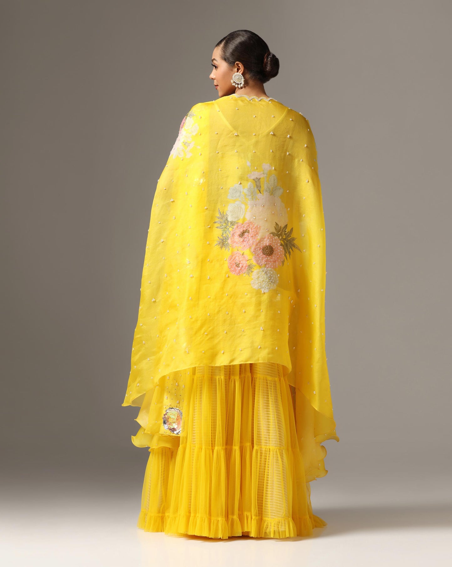 Yellow Organza Printed Cape Set