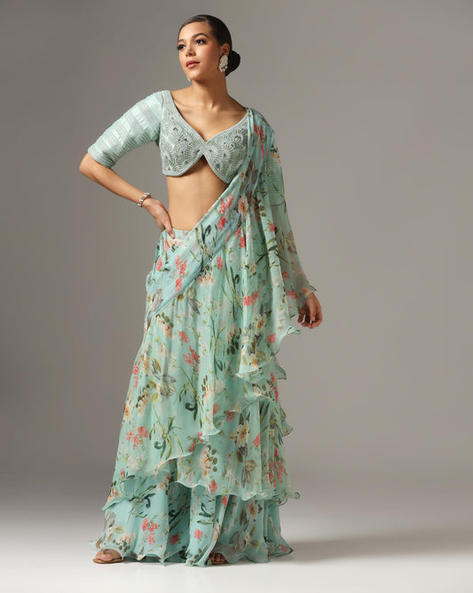 Eco Green Chiffon Printed Pre-Stitched Frilled Saree Set