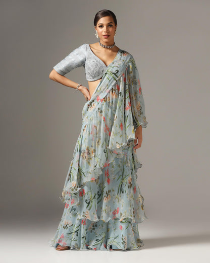 Light Blue Chiffon Printed Pre-Stitched Frilled Saree Set