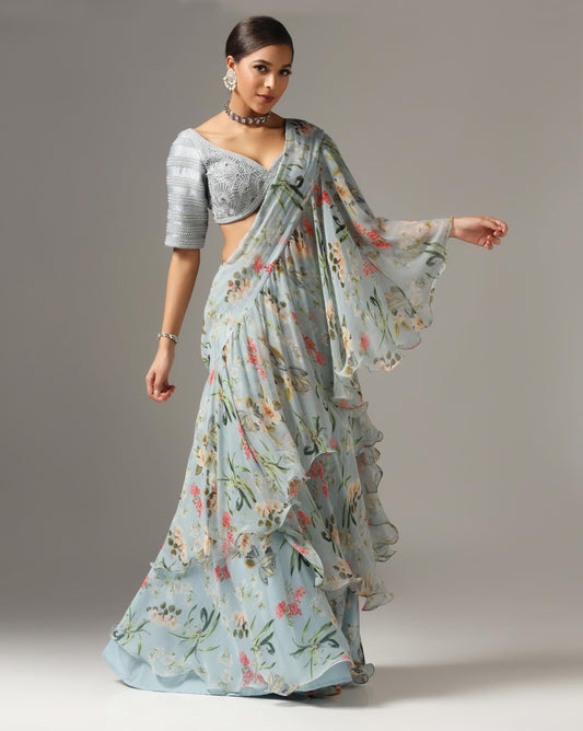 Light Blue Chiffon Printed Pre-Stitched Frilled Saree Set