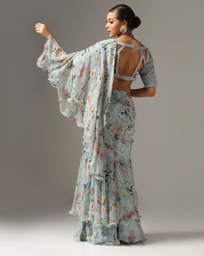 Light Blue Chiffon Printed Pre-Stitched Frilled Saree Set