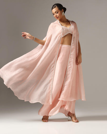 Pink Organza Embroidered Cape Set