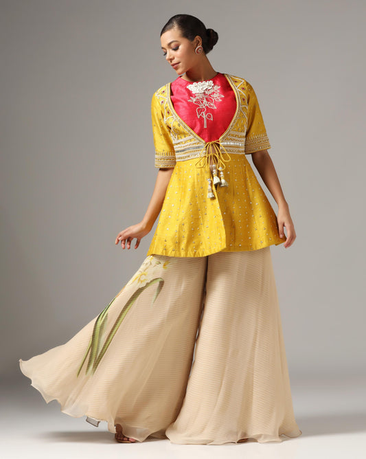 Mustard Raw Silk Embroidered Jacket Set