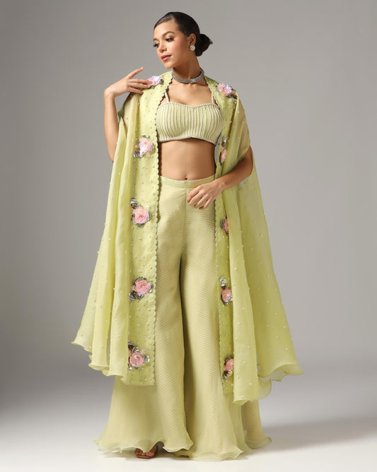 Jade Organza & Chiffon Embroidered Cape Set