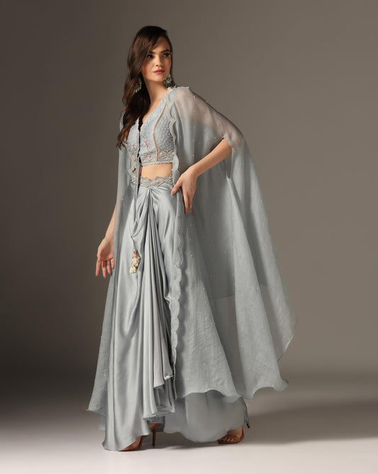 Dull Blue Organza & Raw Silk Draped Skirt Set