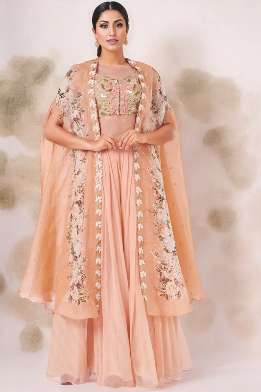 Peach Organza Printed Cape Set