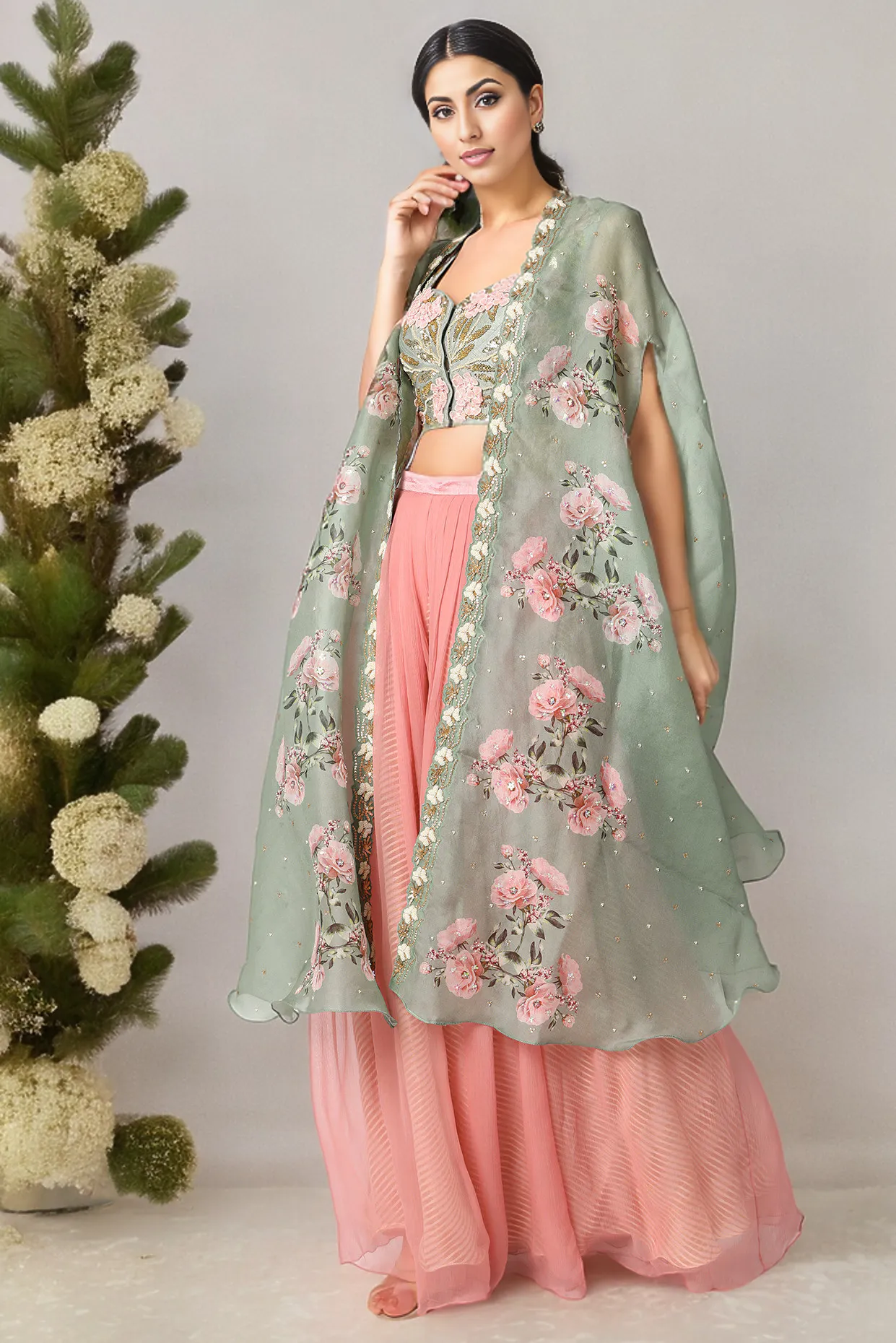 Green & Pink Embroidered Palazzo Pant Set