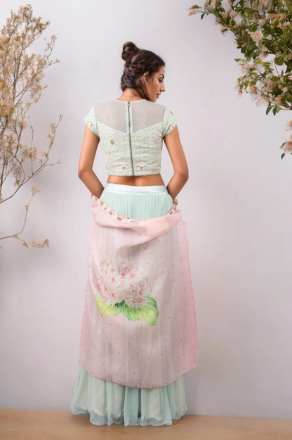 STAR WEB BLOUSE WITH CHIFFON PLEATED PLAZZO AND DIGITAL PINK BIRD CAPE