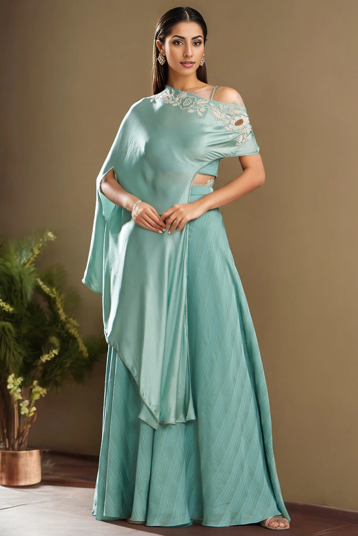 Blue Silk Satin Embroidered Off-Shoulder Cape Set