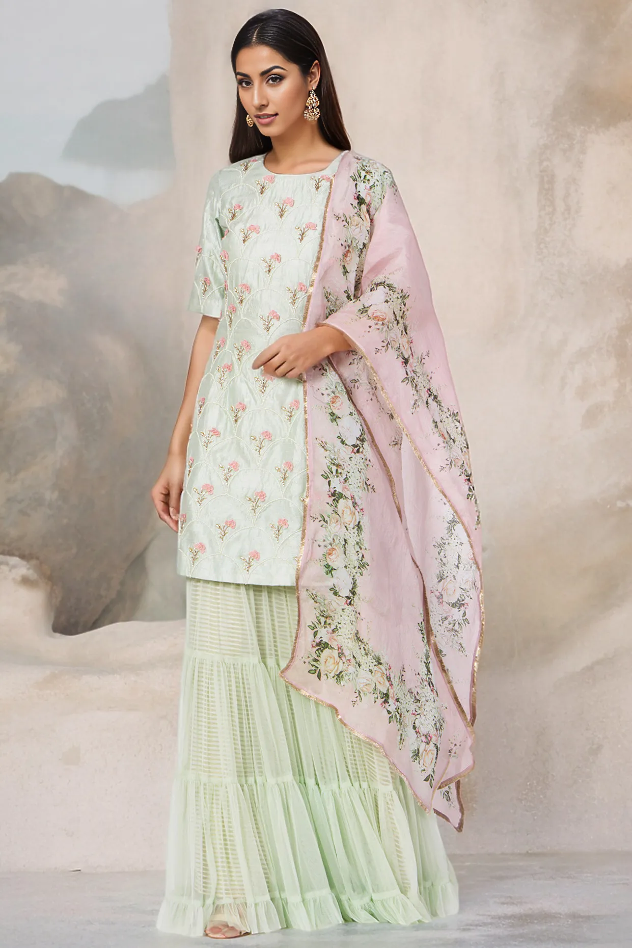 Mint Green Raw Silk Kurti Set