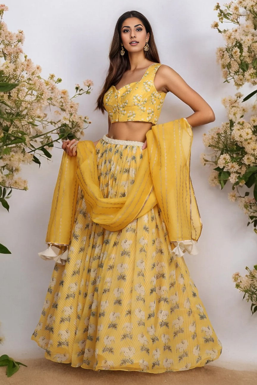 Yellow Printed Lehenga with Block print Dupatta