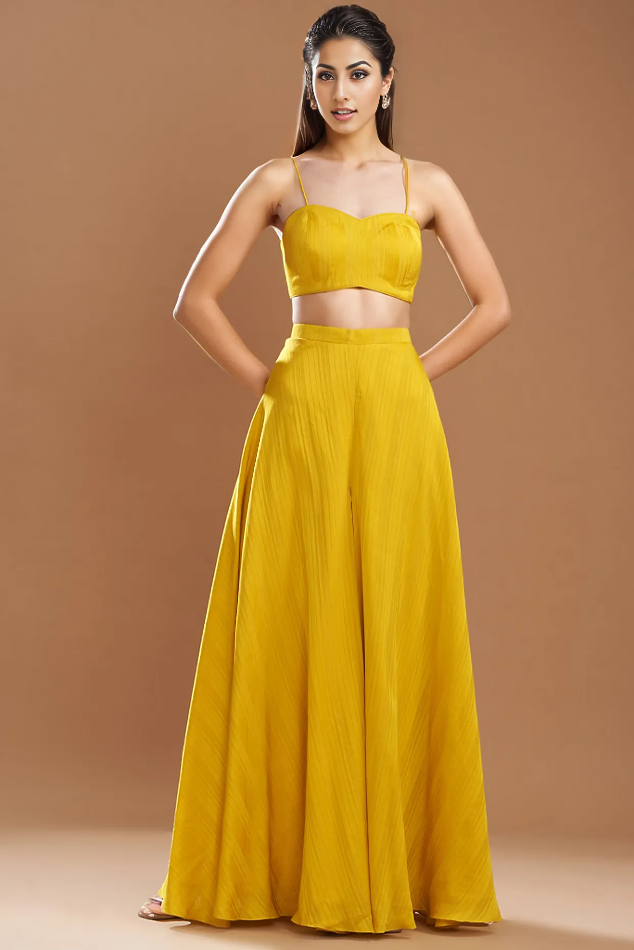 Yellow Silk Satin Embroidered Off-Shoulder Cape Set