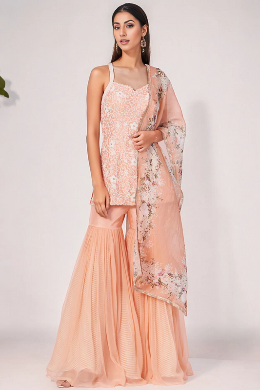 Peach Chiffon Sharara Set