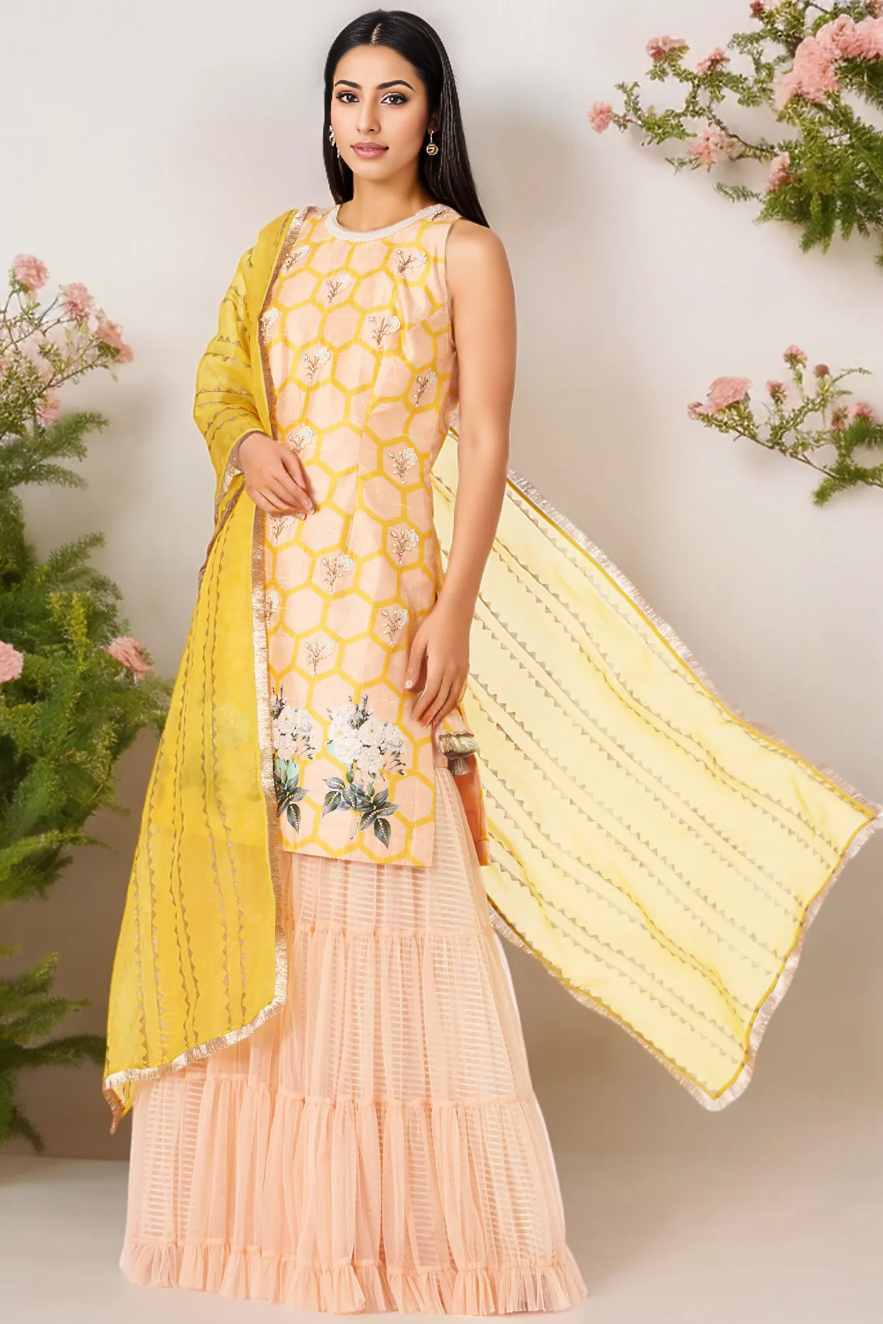 Peach Net Sharara Set