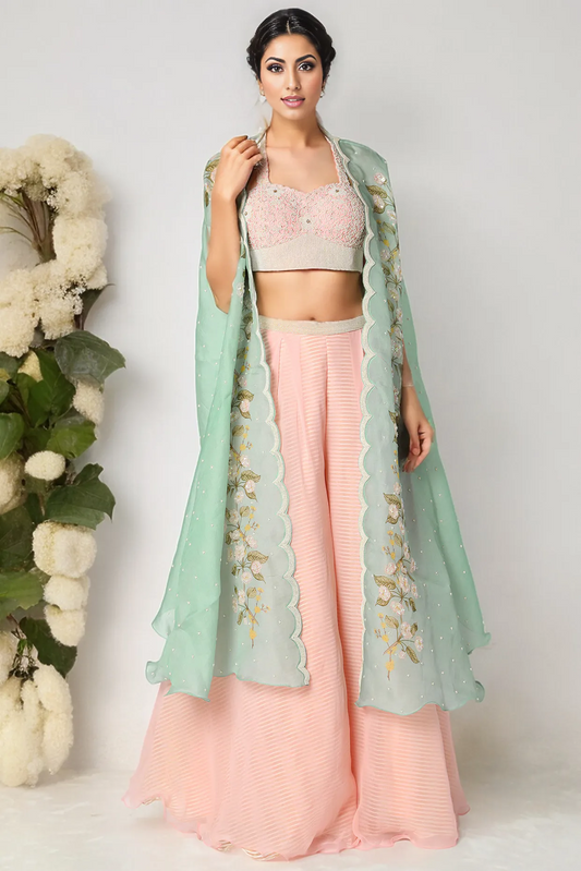 Baby Pink Embroidered Palazzo Pant Set With Cape