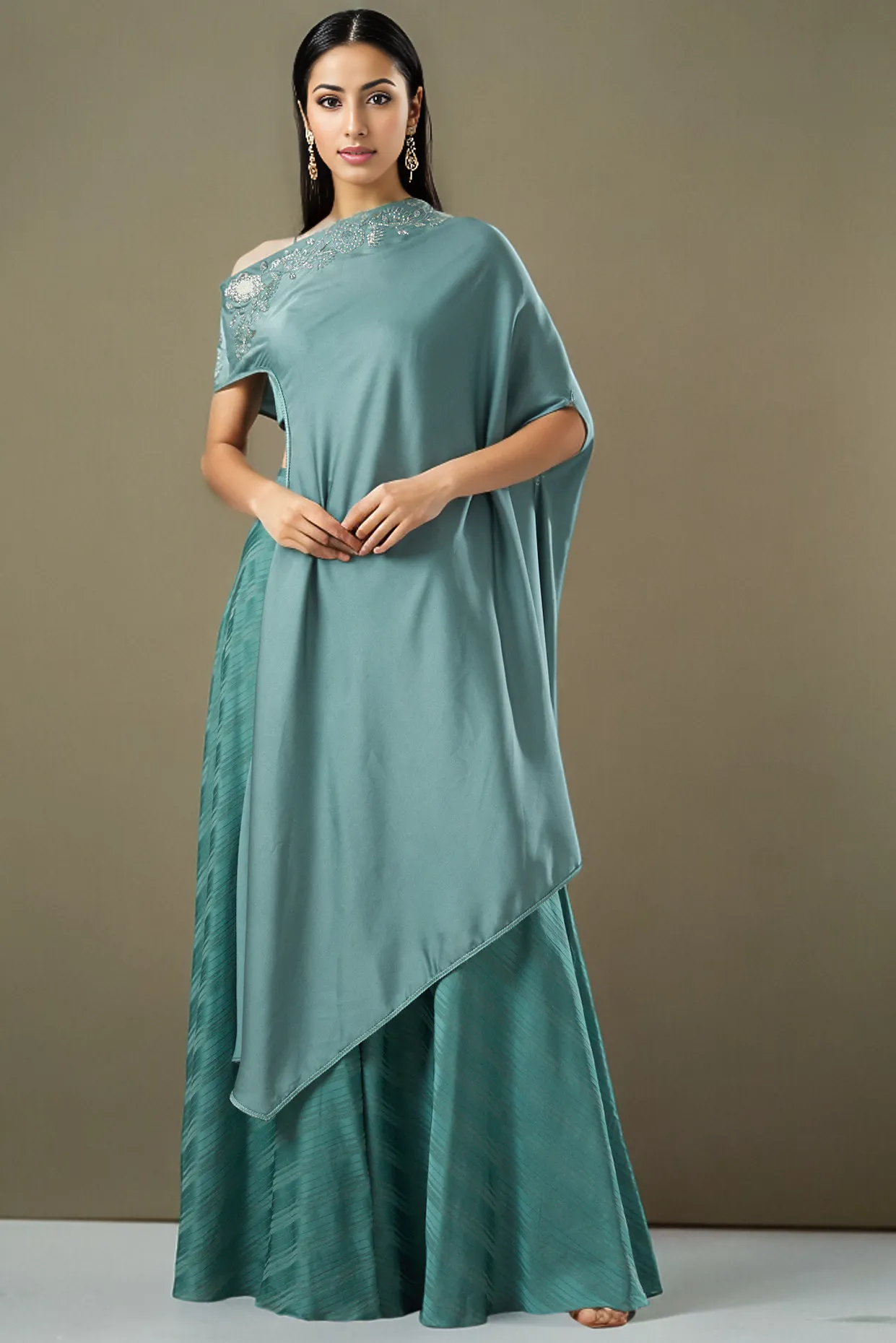 Teal Green Satin Off-Shoulder Cape Set