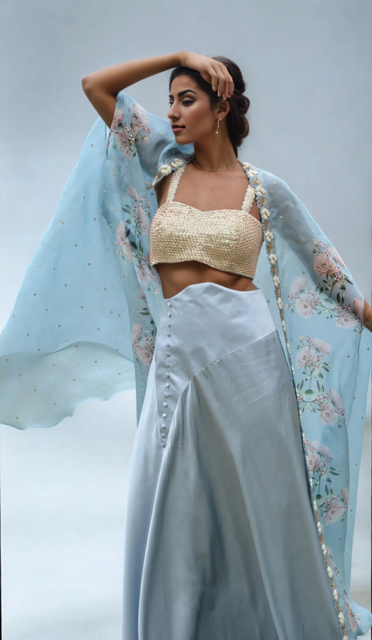 EMBROIDERED BLOUSE & PRINTED CAPE SET