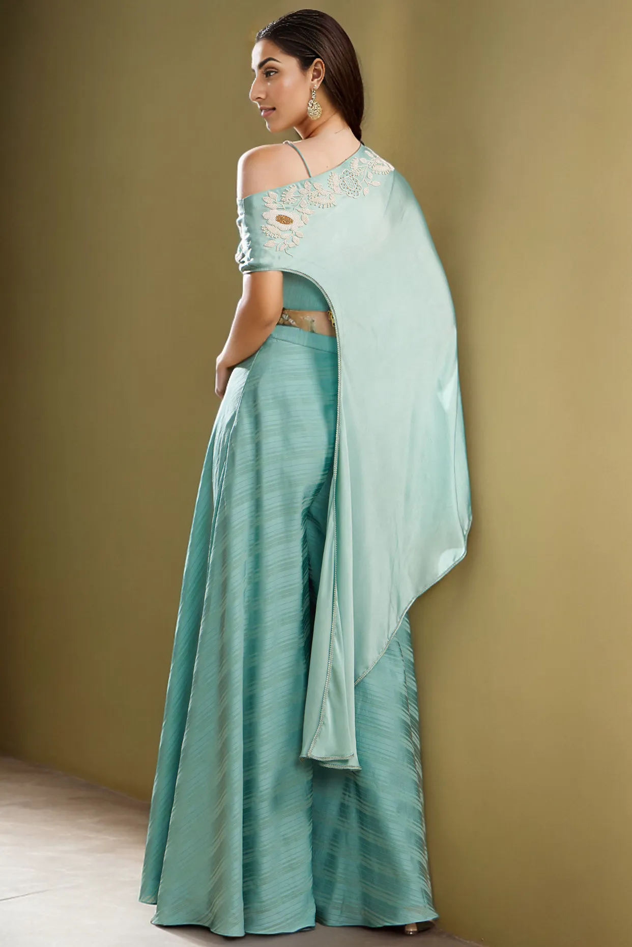 Blue Silk Satin Embroidered Off-Shoulder Cape Set