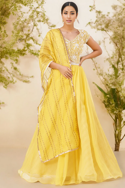 Bright Yellow Organza Lehenga Set