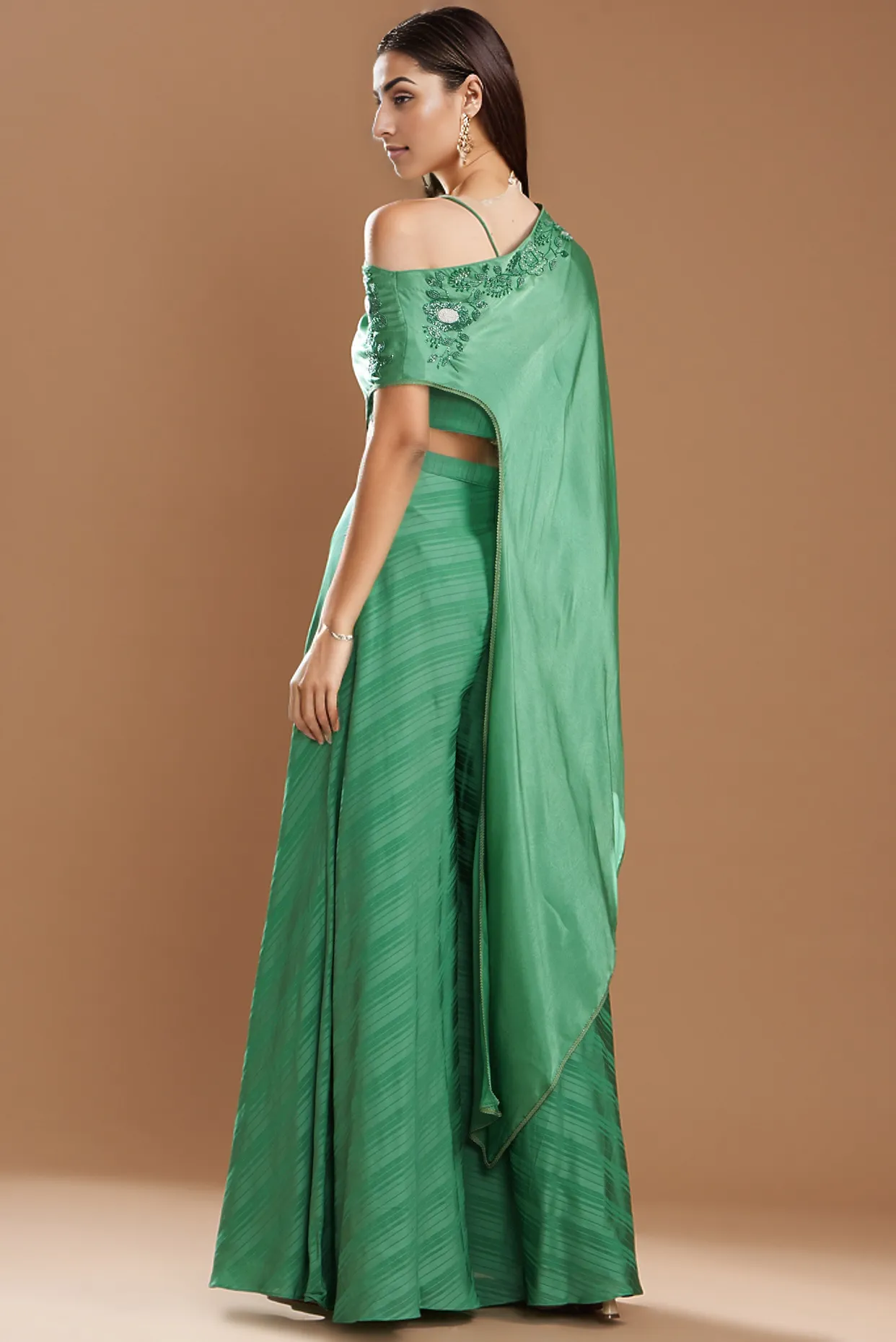 Dark Green Silk Satin Embroidered Off-Shoulder Cape Set