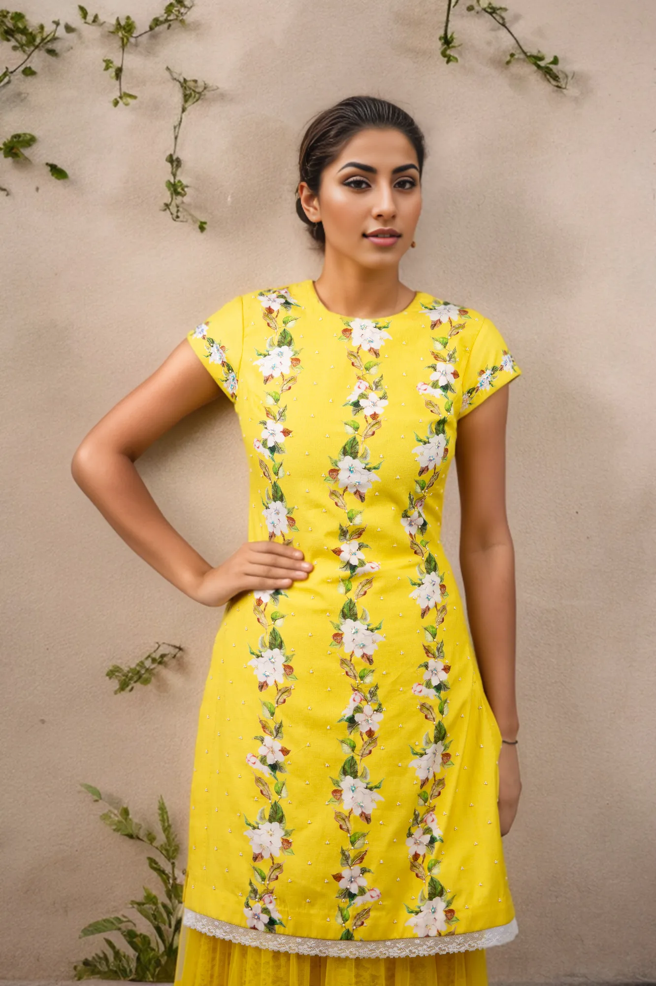 DIGITAL PRINT CHERRY BLOSSOM COTTON SILK KURTI WITH NET SHARARA SKIRT