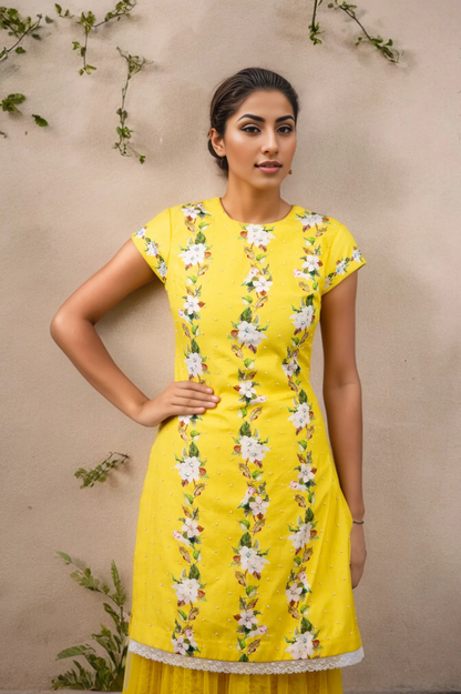 DIGITAL PRINT CHERRY BLOSSOM COTTON SILK KURTI WITH NET SHARARA SKIRT