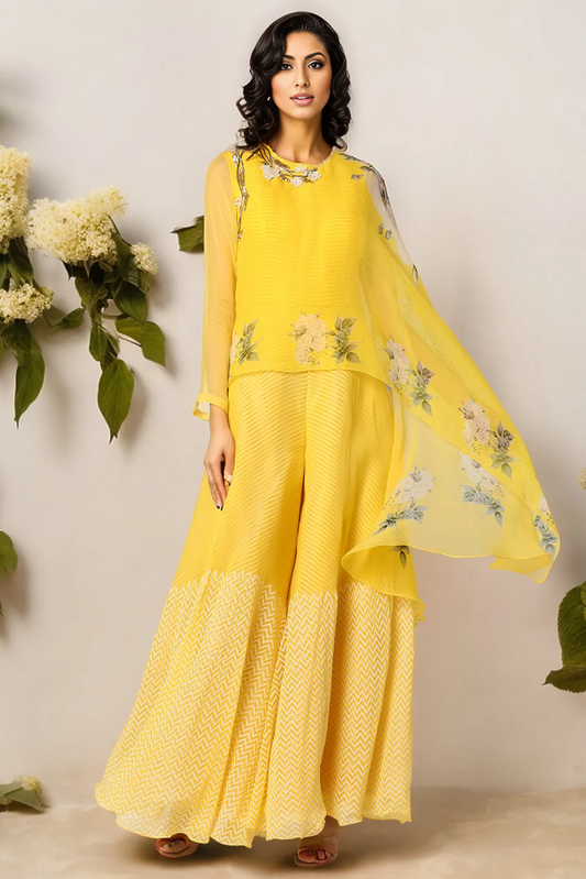 Yellow Block Printed Jumpsuit With Cape