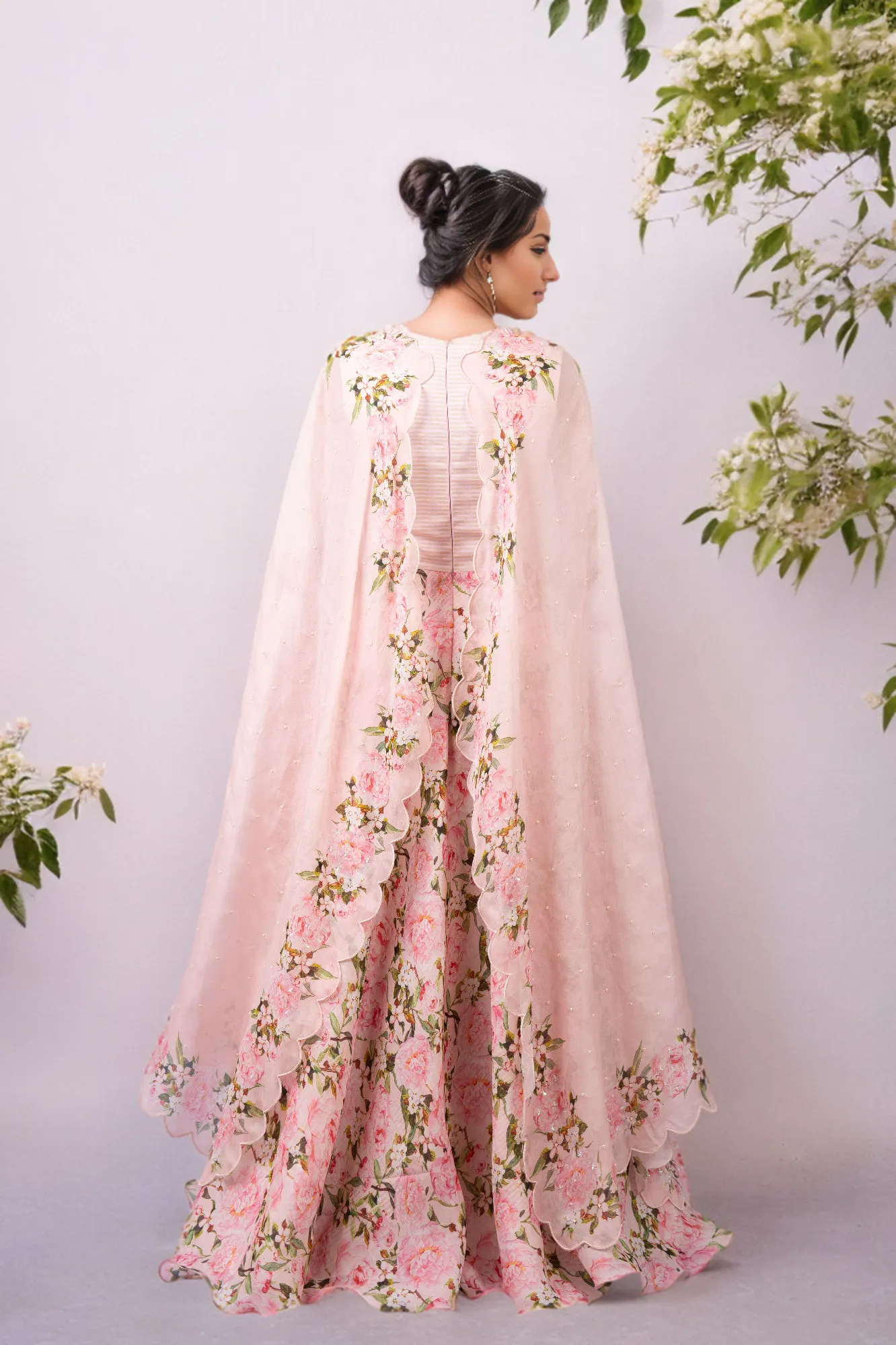 DIGITAL PRINT PEONIES ANARKALI WITH PRINTED PINK CAPE