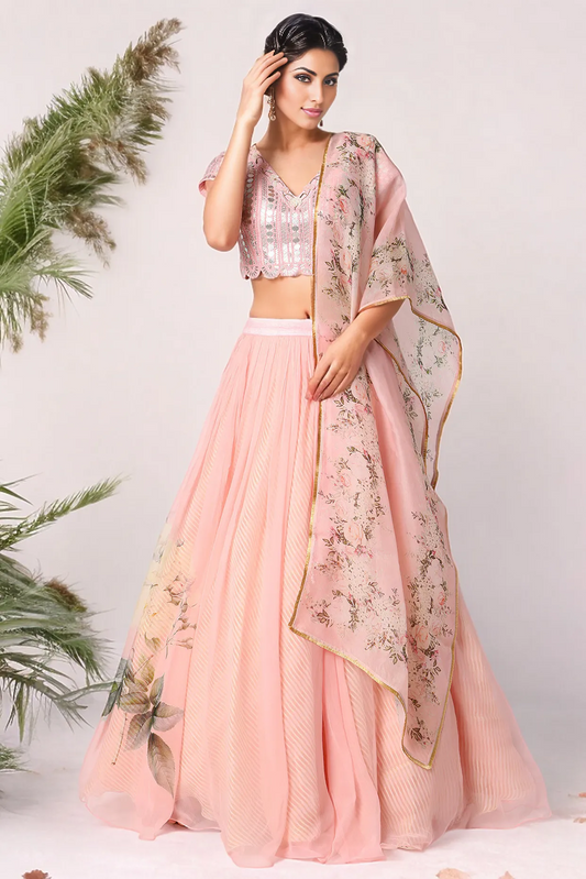 Baby Pink Organza & Chiffon Digital Printed Lehenga Set