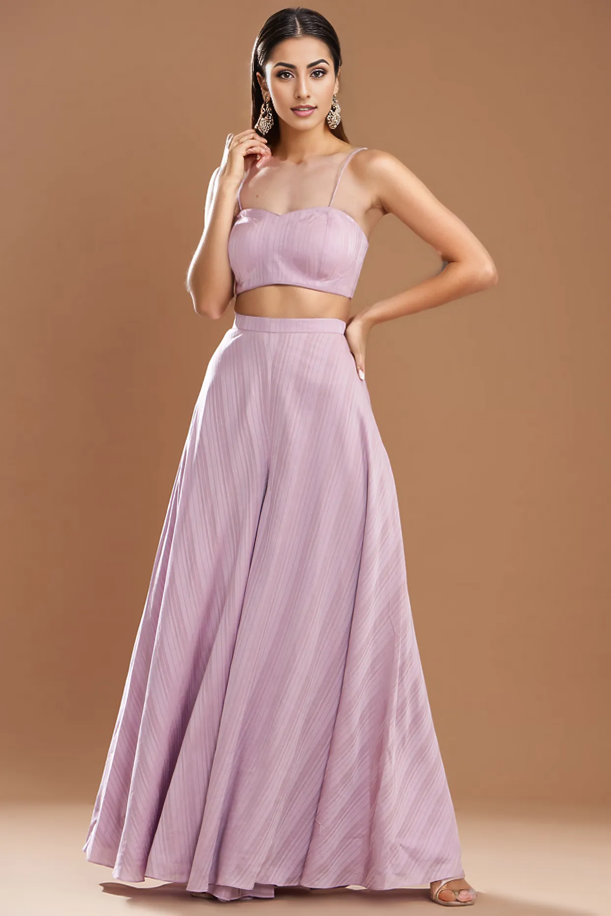 Lilac Silk Satin Embroidered Off-Shoulder Cape Set