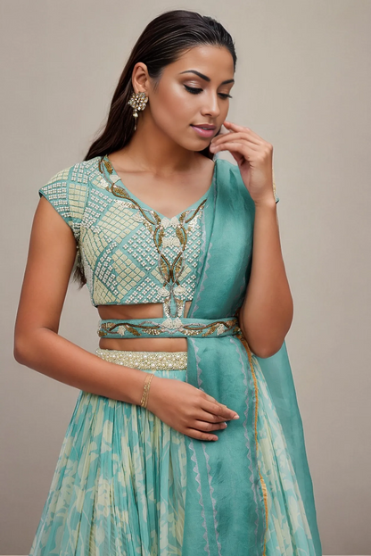 Aqua Green Chiffon Printed Lehenga Set