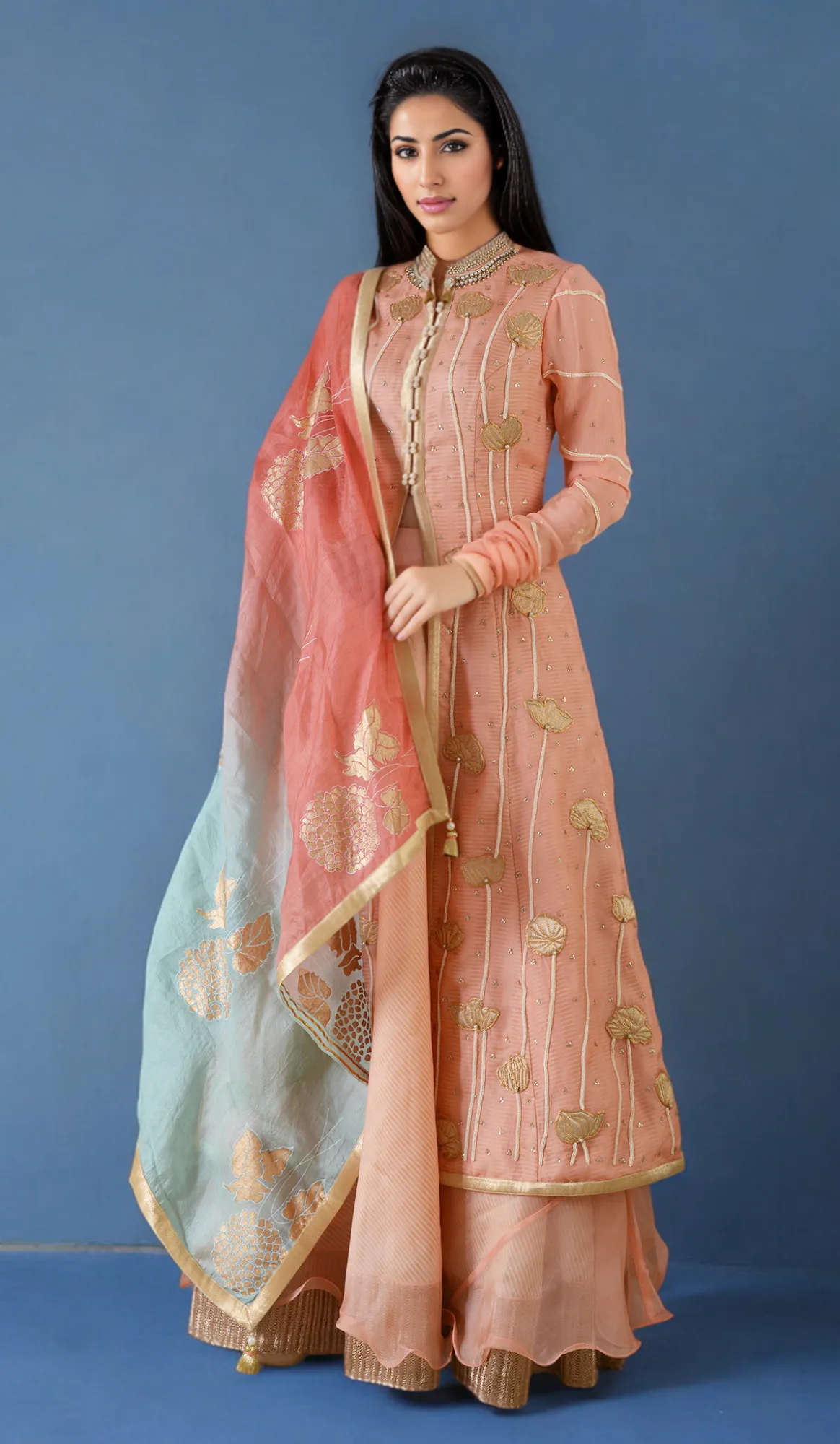 EMBROIDERED SUIT WITH BLOCK PRINT DUPATTA
