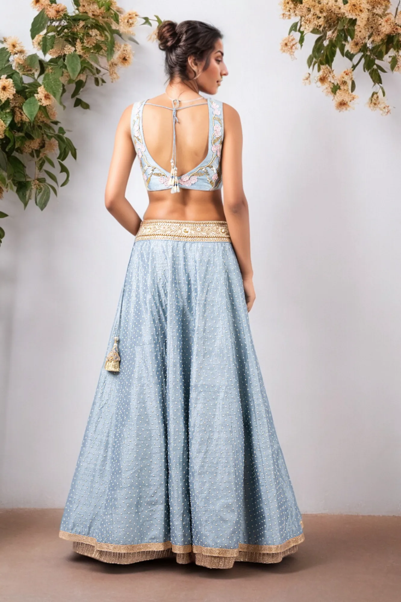 3D FLOWER INCUT BLOUSE AND PEARL WORK RAW SILK LEHENGA