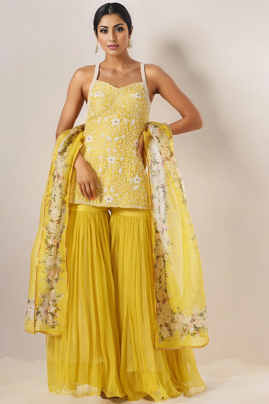 Yellow Raw Silk & Chiffon Gharara Set