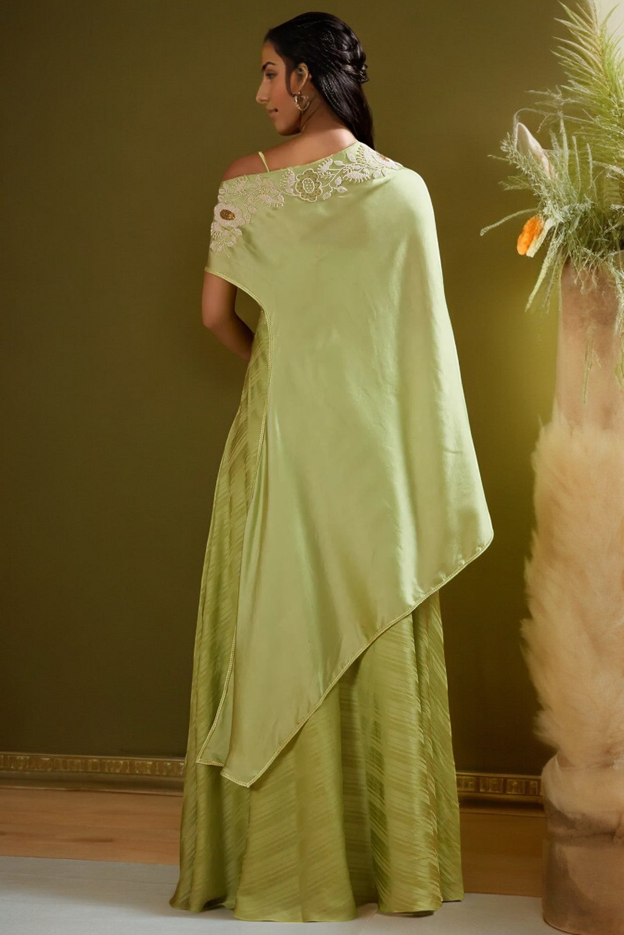 Jade Satin Off-Shoulder Cape Set