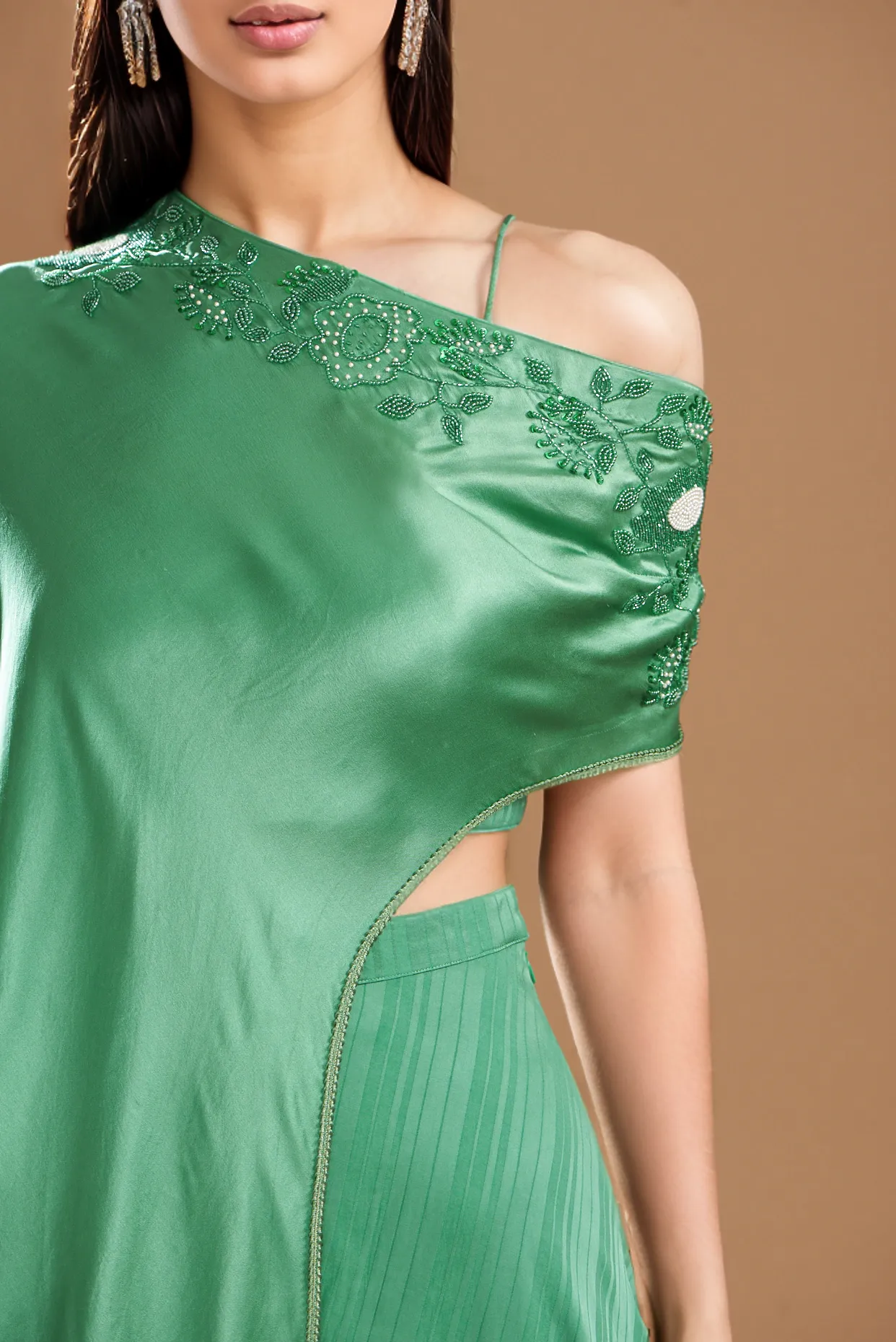 Dark Green Silk Satin Embroidered Off-Shoulder Cape Set