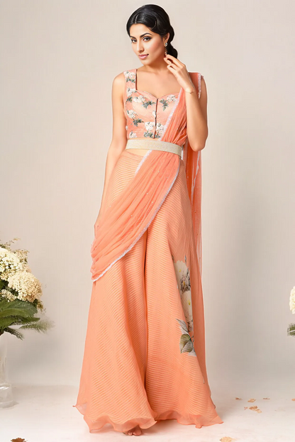 Peach Embroidered Palazzo Pant Set