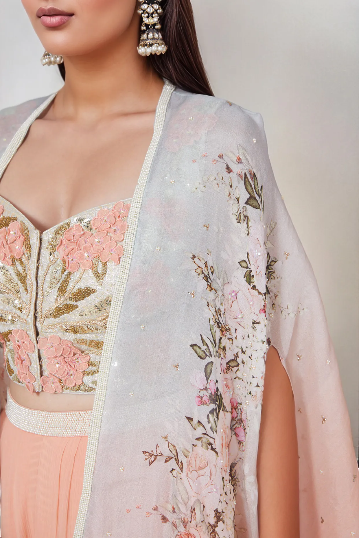 Peach 3D Floral Digital Printed Cape Set