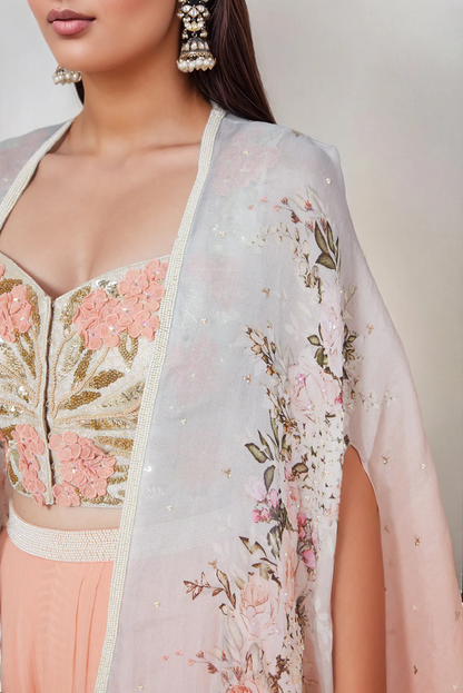 Peach 3D Floral Digital Printed Cape Set